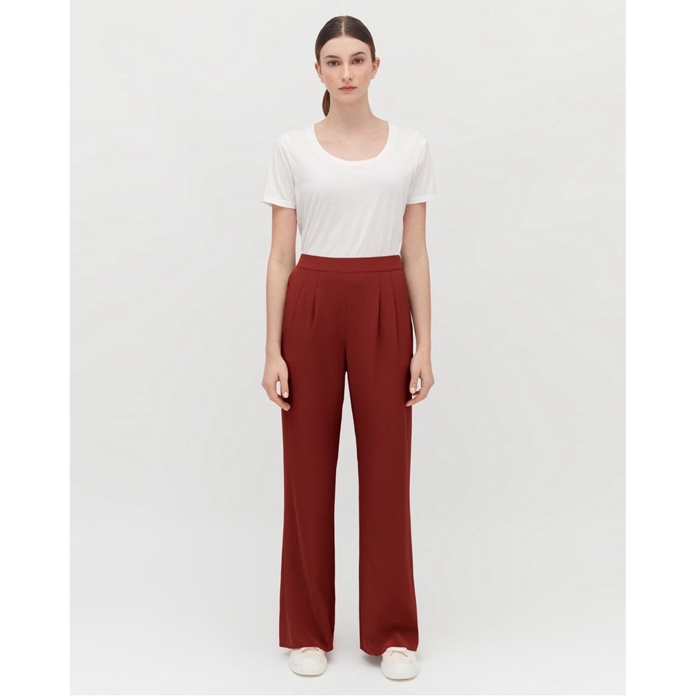 Cuyana Silk High Rise‎ Pleated Wide-Leg Trouser Pant in Poppy Red